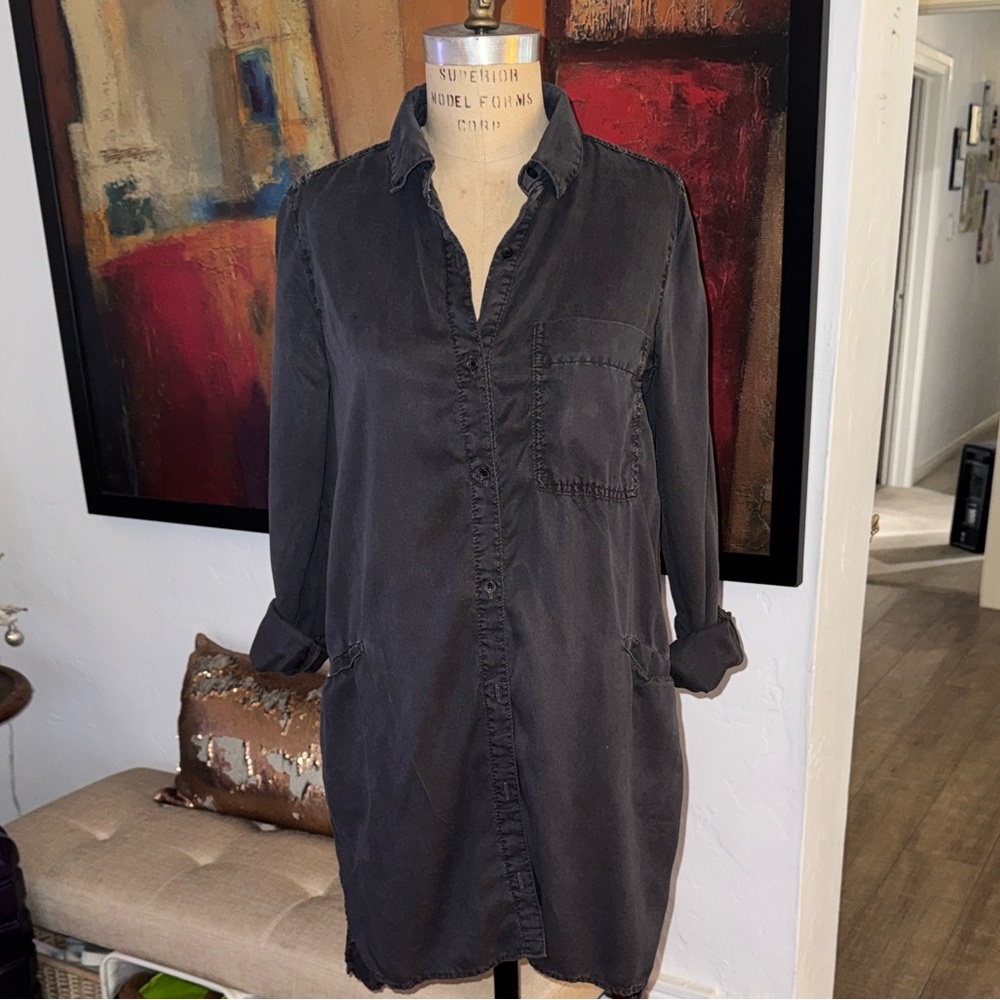 Zara Basic Z1975 Denim Womens S Graphite Shirt Dress Pockets Lagenlook